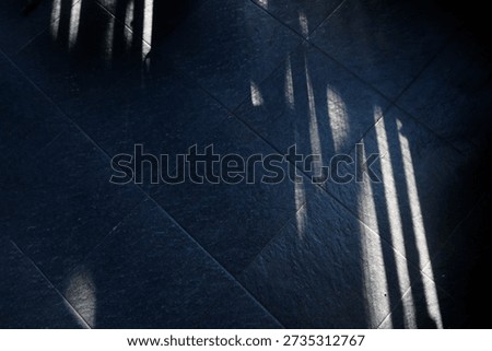 Floor features bold diagonal shadows from a railing, creating a moody geometric composition. The interplay of light and texture evokes urban architecture and a calm, cool ambiance.