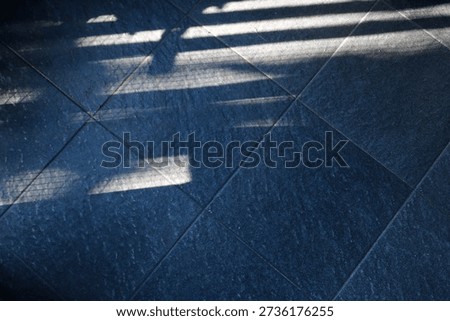 Floor features bold diagonal shadows from a railing, creating a moody geometric composition. The interplay of light and texture evokes urban architecture and a calm, cool ambiance.