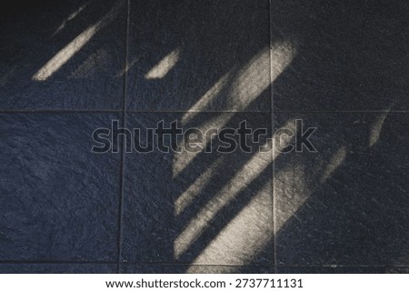 Floor features bold diagonal shadows from a railing, creating a moody geometric composition. The interplay of light and texture evokes urban architecture and a calm, cool ambiance.