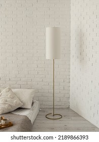 Floor Lamp With White Lampshade In Bedroom. Natural