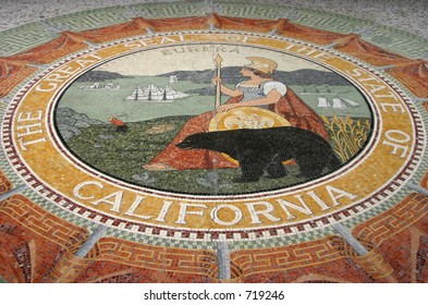 A floor mozaic of the Seal of the State of California.  This was photographed in San Francisco's Ferry Building.