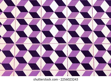 The floor of retro violet tiles. Repeating geometric patterns of dice on the floor of ceramic tile. - Shutterstock ID 2256023243
