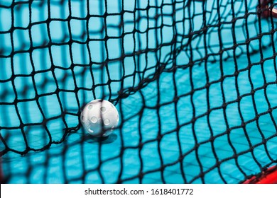 Floorball ball in empty goal net