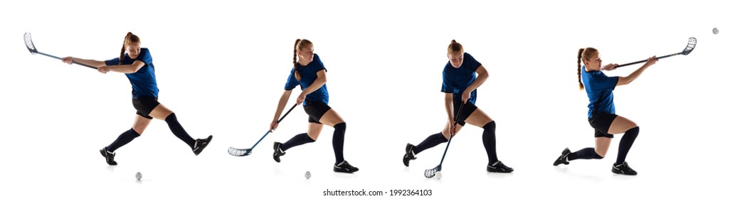 Floorball female player isolated on white studio background. Action and motion, movement, healthy lifestyle concept. Young caucasian woman in sportwear training, practicing the game. Collage