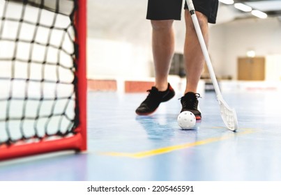 Floorball Player. Floor Hockey And Indoor Bandy Game. White Ball And Stick. Goal And Net On The Floor In Training Arena. Young Man Or Boy Playing.