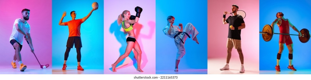 Floorball, volleyball, kickboxing, karate, tennis and weightlifting. Collage of professional athletes isolated on colored background in neon. Concept of motion, action, active lifestyle, achievements - Powered by Shutterstock