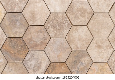 Flooring Pattern With Hexagonal Shaped Travertine Stone. Hexagon Stone Pattern