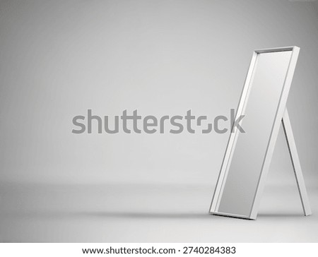 Floor-standing rectangular mirror with a white frame on a grey background