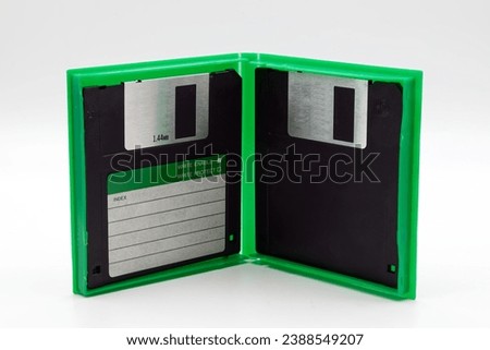 Floppy disk of 1.4 megabytes isolated on white background. Vintage technology.