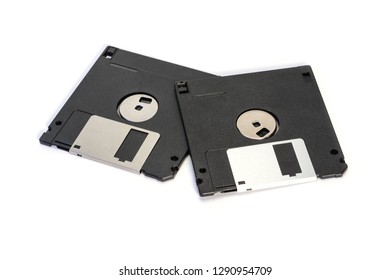 Floppy disk 3.5 inch isolated on white backround. Two old vintage computer diskette back view.
