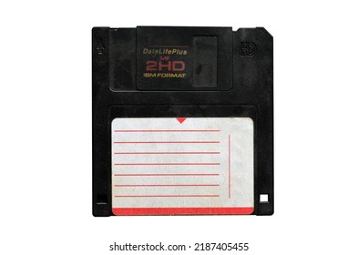 Floppy Disk magnetic computer data storage support isolated over white, black diskette isolated on white background. Retro style floppy diskette front view with texture, label and cover.