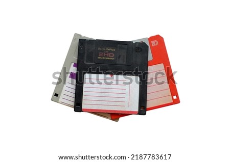 Floppy Disk magnetic computer data storage support isolated over white, black diskette isolated on white background. Retro style floppy diskette front view with texture, label and cover.