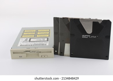 floppy disk reader and super disk LS120 disks. 12-03-2022 Lancashire, UK 