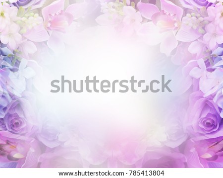 Floral abstract pastel background with copy space. Pink and violet flowers in soft style for wedding or valentine's day card.