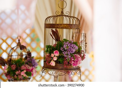 Floral Arrangement Of Flowers, Bird Cage With Flowers