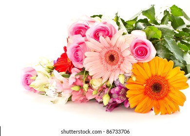 Floral Bouquet Of Different Flowers On A White Background