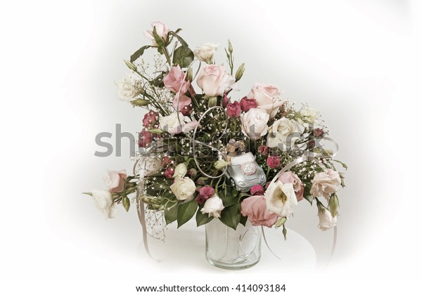Floral bouquet wedding anniversary with\
 isolated white background, old style sepia\
color