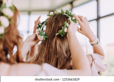 Floral Bridal Crown, Flower Wreath. Bridesmaids Preparing A Wedding.