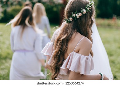 Floral Bridal Crown, Flower Wreath. Bridesmaids Preparing A Wedding. Portrait Girl In Ceremony.