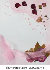 Floral Design With Pressed Flowers, Petals And Pink Ribbon On Pastel Watercolor Background With Copy Space. Collection Of Pressed Flowers For Greeting Cards, Wedding Or Event Invitations