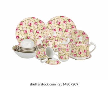 Floral Dinnerware Set showcasing elegant porcelain pieces adorned with a charming rose pattern, perfect for enhancing dining experiences and adding a touch of sophistication to any table setting. - Powered by Shutterstock