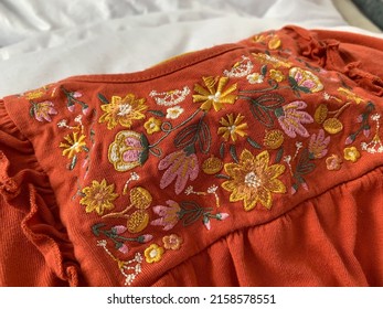 Floral Embroidery On Terracota Cotton Rayon Fabric For Little Girl T-shirt