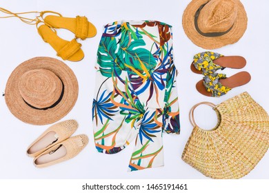 Floral With Fern, With Monstera Leaf And Green Palm Clothes With Three Different Shoes And Two Straw Hat, Handbag, Flay Lay
