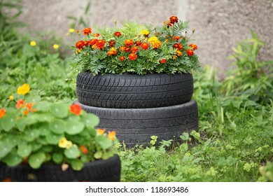floral flowerbed of old automobile tires - Shutterstock ID 118693486