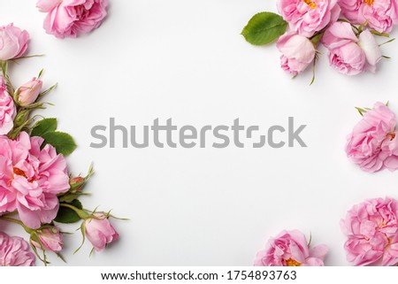Floral frame made of pink damask roses and green leaves on white background. Flat lay, top view.