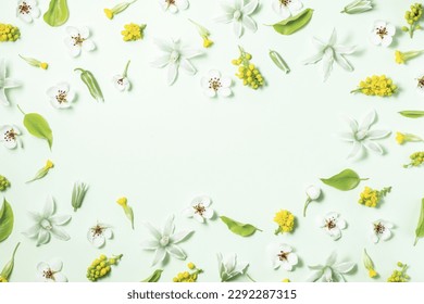 Floral frame from spring flowers on a white background. Flat lay, top view, copy space. Beautiful floral pattern in pastel colors. 