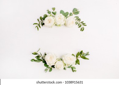 Floral Frame Wreath Made Of White Rose Flower Buds On White Background. Flat Lay, Top View Blog Hero Header Mockup.