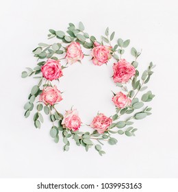 Floral Frame Wreath Of Red Rose Flowers And Eucalyptus Branches On White Background. Flat Lay, Top View Floral Mockup With Empty Space.