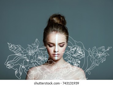 floral illustration over young beautiful teen girl with closed eyes and creative white body art line on face, 