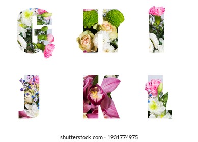 Floral letters. The letters G, H, I, J, K, L, are made from colorful flower photos. A collection of wonderful flora letters for unique spring decorations and various creation ideas. clipping path