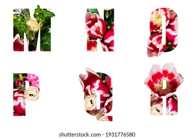 Floral letters. The letters M, N, O, P,Q, r are made from colorful flower photos. A collection of wonderful flora letters for unique spring decorations and various creation ideas. clipping path