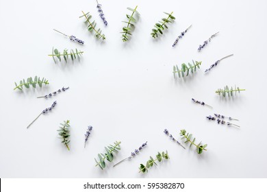 Floral Pattern With Lavander And Eucalyptus On White Background Top View Mockup