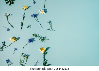 Floral Pattern On Blue Background. Flat Lay, Top View. Pattern From Different Bright Garden Flowers.