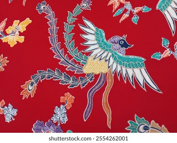 Floral and peacock pattern on fabric on red background - Powered by Shutterstock