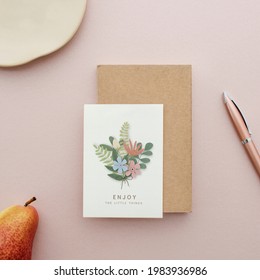 Floral Postcard Mockup On A Pink Background