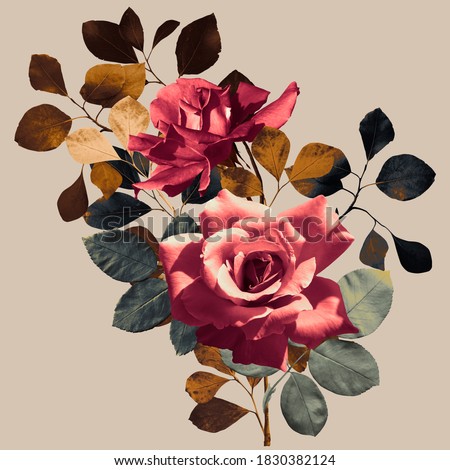 floral print, bouquet of roses and autumn leaves, square format, light brown background