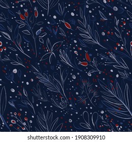 Floral Seamless Pattern Handdrawn In Abstract Style On Blue Background With Winter Flowers. Summer, Spring Background. Seamless Pattern. Botanical Art. Abstract Background.