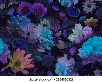 Floral summer seamless pattern. Luxurious baroque garden flowers. Peonies, roses, daisies, carnations. Luxury background for textiles, wallpaper, paper. Vintage. Unusual range. - Shutterstock ID 2164810329