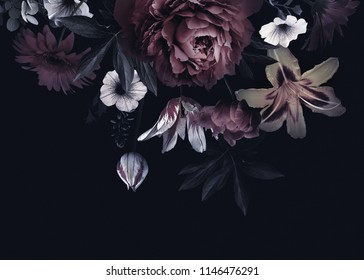 Floral vintage card with flowers. Peonies, tulips, lily, hydrangea on black background.  Template for design of wedding invitations, holiday greetings, business card, decoration packaging