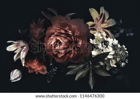 Floral vintage card with flowers. Peonies, tulips, lily, hydrangea on black background.  Template for design of wedding invitations, holiday greetings, business card, decoration packaging