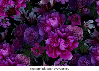 Floral vintage seamless pattern. Blooming peonies, roses, tulips, garden flowers, decorative herbs, leaves on black background. For decoration packaging, interior, fabric, textile, paper, wallpaper. - Shutterstock ID 1999026950