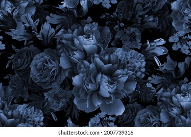 Floral vintage seamless pattern. Blooming peonies, roses, tulips, garden flowers, decorative herbs, leaves. Black and white background. For decoration packaging, interior, textile, paper, wallpaper.