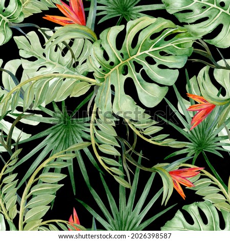 Floral watercolor seamless pattern with tropical plants. Monstera leaves, palms, branches, vines and bright flowers on a black background