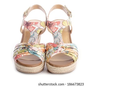 Floral Wedge Sandals Isolated On White