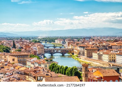 Florence Aerial View of Ponte Vecchio Bridge during Beautiful Sunny Day, Italy 