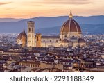 Florence Cathedral (Duomo) over city center at sunset, Italy